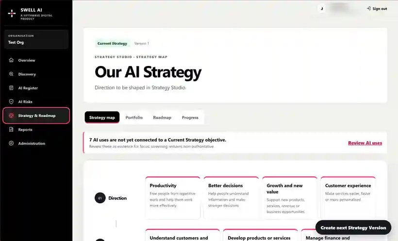 Swell AI Strategy Map showing current strategy direction and strategic focus areas